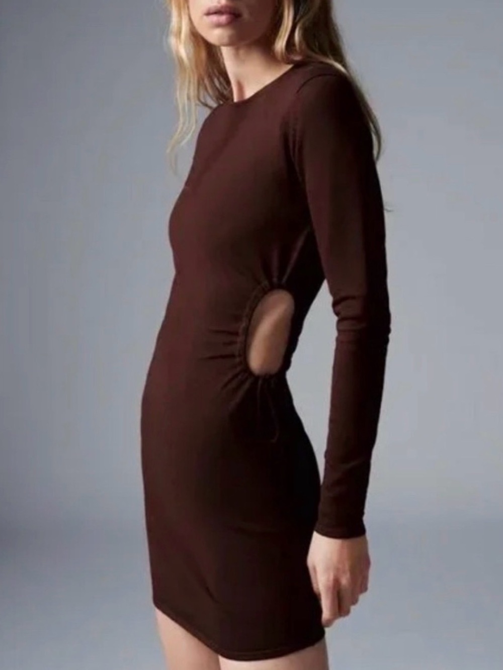 Zara Maroon Long Sleeve Side-Ruched Cutout Dress